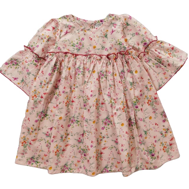 Snowflakes Cotton Bell Sleeved Dress With Floral Prints- Peach