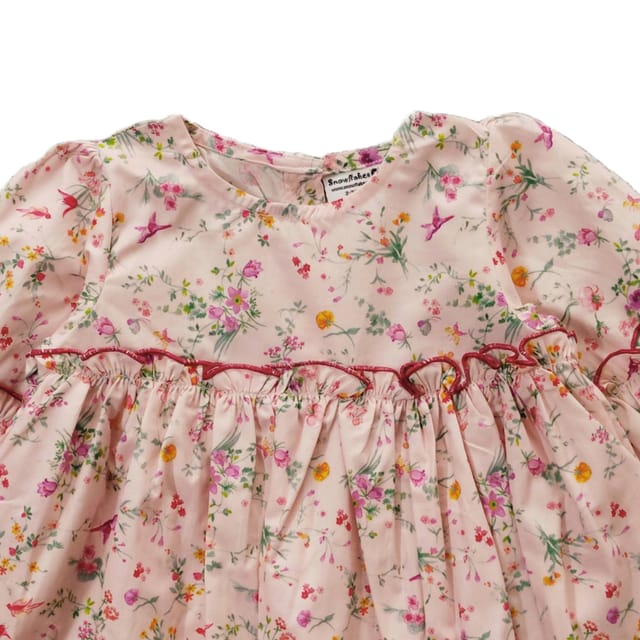 Snowflakes Cotton Bell Sleeved Dress With Floral Prints- Peach