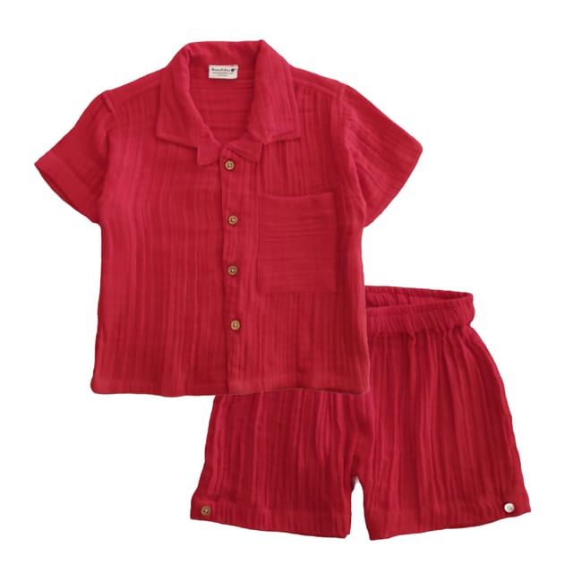 Snowflakes Unisex Cotton, Double Muslin Co-Ord Set - Red
