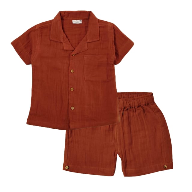 Snowflakes Unisex Cotton, Double Muslin Co-Ord Set - Brick Brown