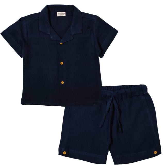Snowflakes Unisex Cotton, Double Muslin Co-Ord Set - Navy Blue