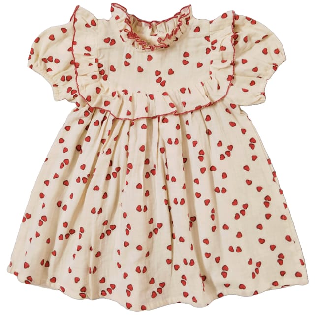 Snowflakes Double Muslin, Half Sleeve Dress With Frill At Neck And Yoke With Heart Prints - Cream