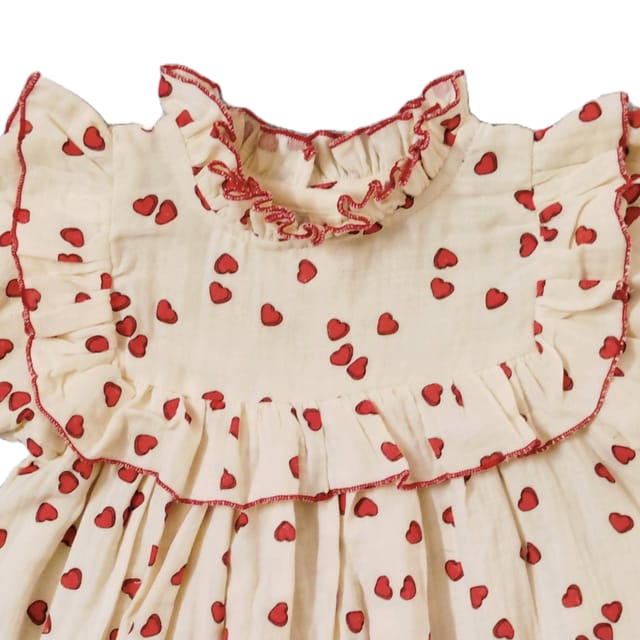 Snowflakes Double Muslin, Half Sleeve Dress With Frill At Neck And Yoke With Heart Prints - Cream