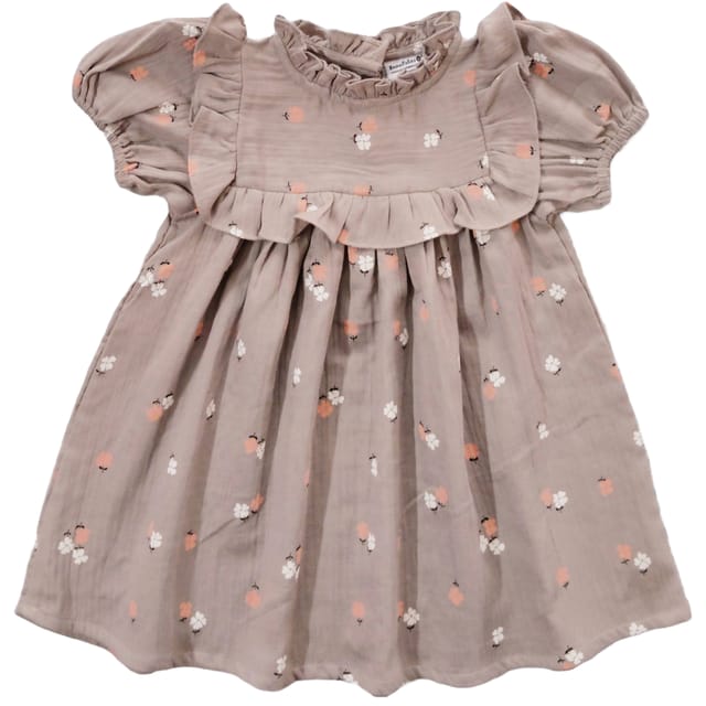 Snowflakes Double Muslin, Half Sleeve Dress With Frill At Neck And Yoke With Floral Prints - Brown