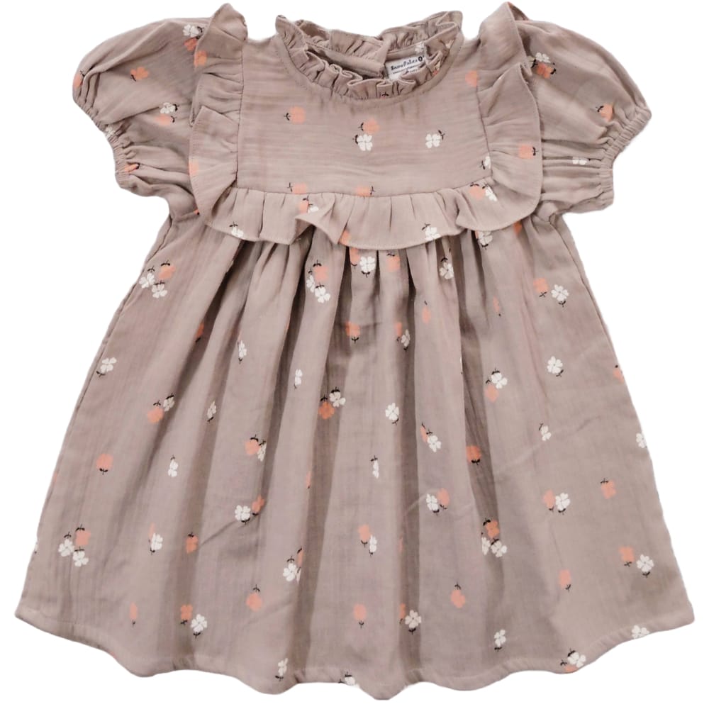 Snowflakes Double Muslin, Half Sleeve Dress With Frill At Neck And Yoke With Floral Prints - Brown
