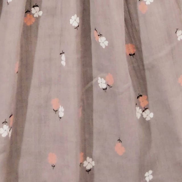 Snowflakes Double Muslin, Half Sleeve Dress With Frill At Neck And Yoke With Floral Prints - Brown