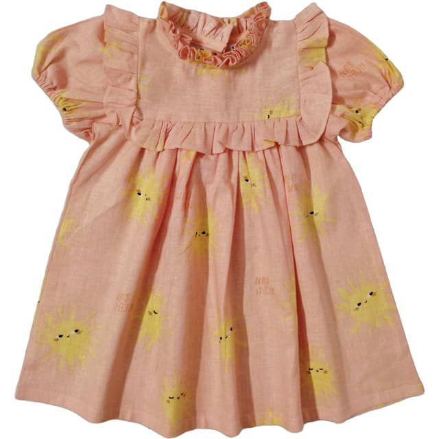 Snowflakes Linen Blend, Half Sleeve Dress With Frill At Neck And Yoke With Sun Prints - Peach