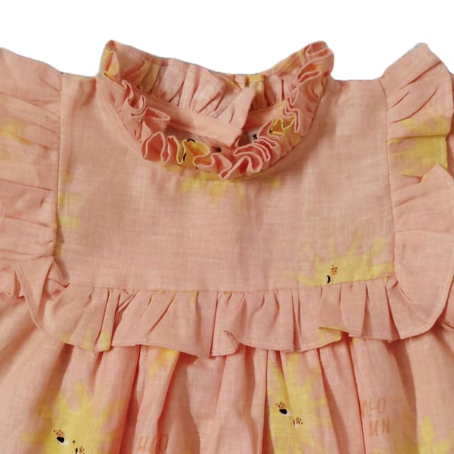 Snowflakes Linen Blend, Half Sleeve Dress With Frill At Neck And Yoke With Sun Prints - Peach