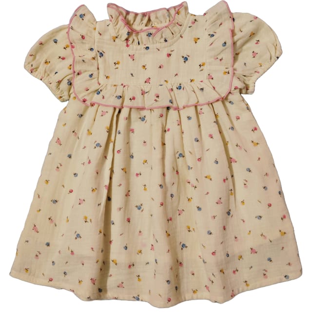 Snowflakes Double Muslin, Half Sleeve Dress With Frill At Neck And Yoke With Floral Prints - Cream