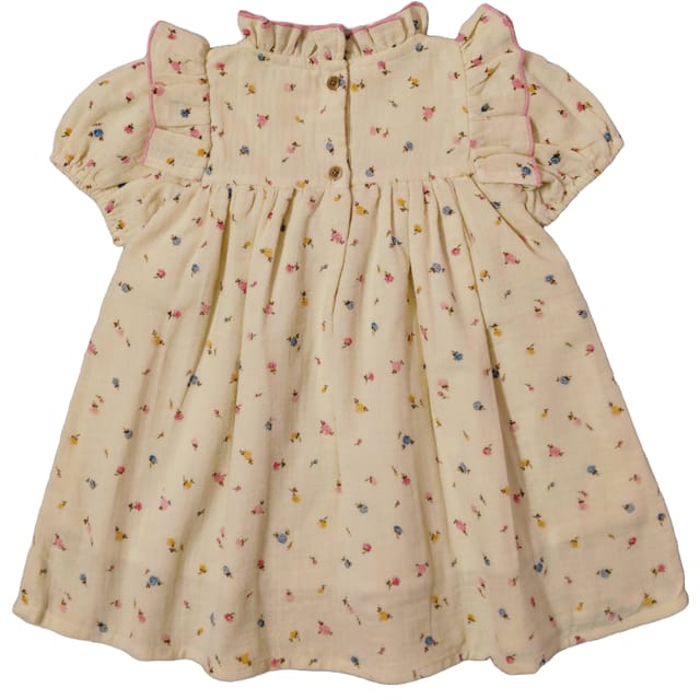Snowflakes Double Muslin, Half Sleeve Dress With Frill At Neck And Yoke With Floral Prints - Cream