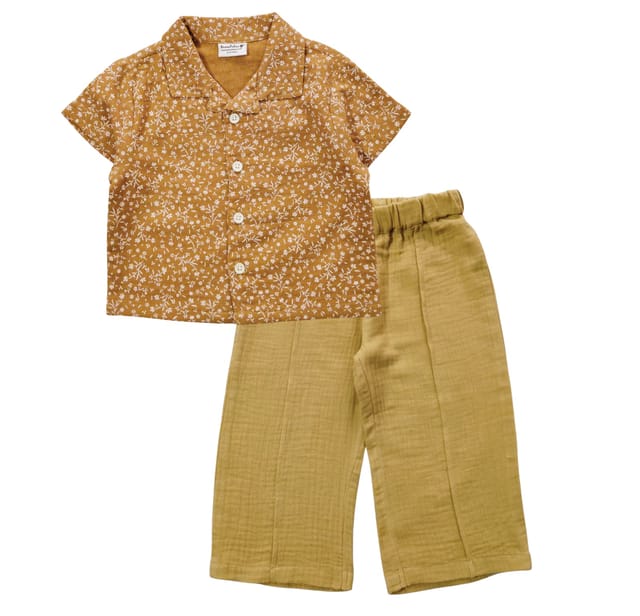 Snowflakes Unisex, Half Sleeve, Open Collared Shirt And Pant Set With Floral Prints - Brown & Beige