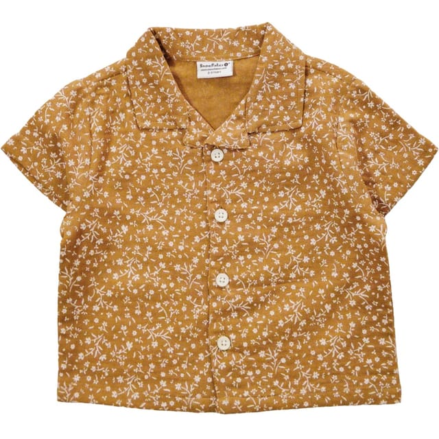 Snowflakes Unisex, Half Sleeve, Open Collared Shirt And Pant Set With Floral Prints - Brown & Beige