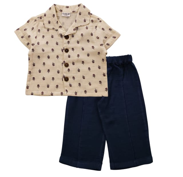 Snowflakes Unisex, Half Sleeve, Open Collared Shirt And Pant Set With Floral Prints - Off White & Navy Blue