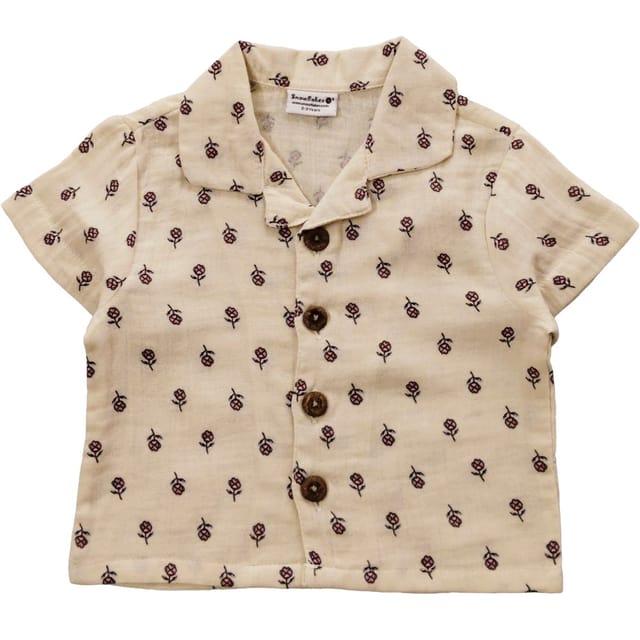 Snowflakes Unisex, Half Sleeve, Open Collared Shirt And Pant Set With Floral Prints - Off White & Navy Blue