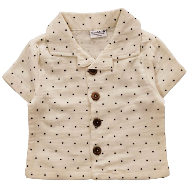 Snowflakes Unisex, Half Sleeve, Open Collared Shirt And Pant Set With Polka Dots - White & Black