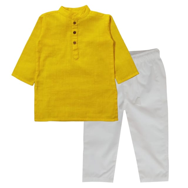 Snowflakes Boys Solid, Slub Cotton, Kurta And Pyjama Set - Lime Yellow & White