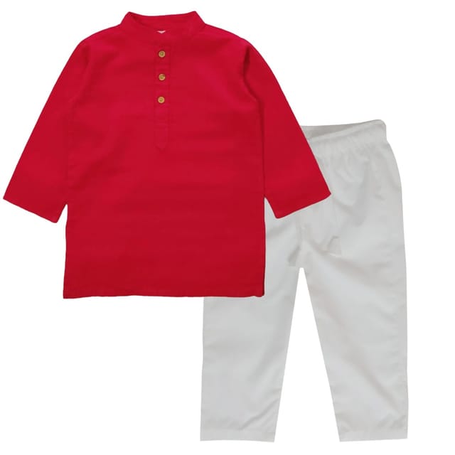 Snowflakes Boys Solid, Slub Cotton, Kurta And Pyjama Set - Red  & White