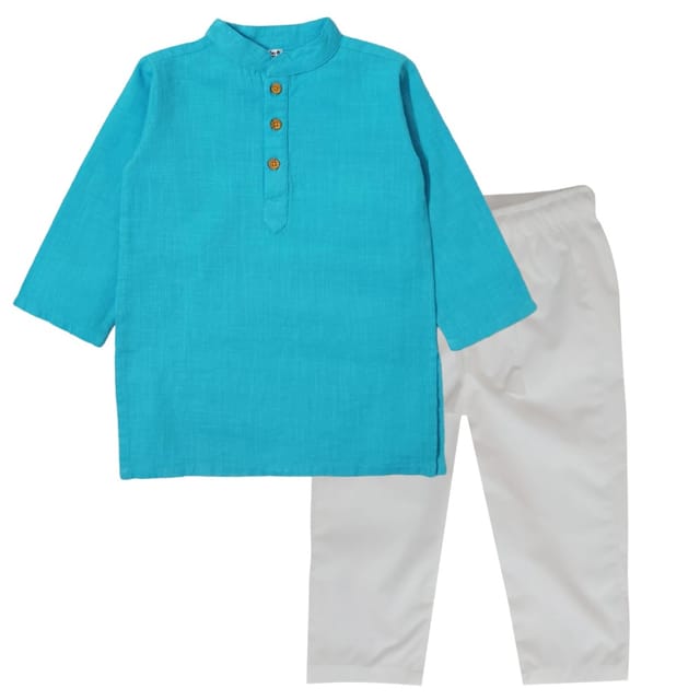 Snowflakes Boys Solid, Slub Cotton, Kurta And Pyjama Set - Sky Blue & White