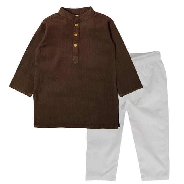 Snowflakes Boys Solid, Slub Cotton, Kurta And Pyjama Set - Brown & White