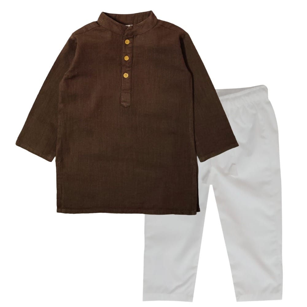 Snowflakes Boys Solid, Slub Cotton, Kurta And Pyjama Set - Brown & White