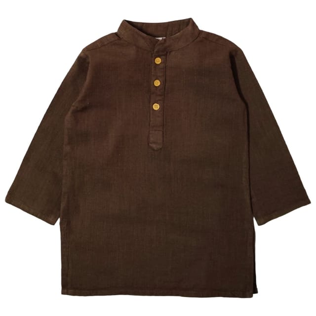 Snowflakes Boys Solid, Slub Cotton, Kurta And Pyjama Set - Brown & White