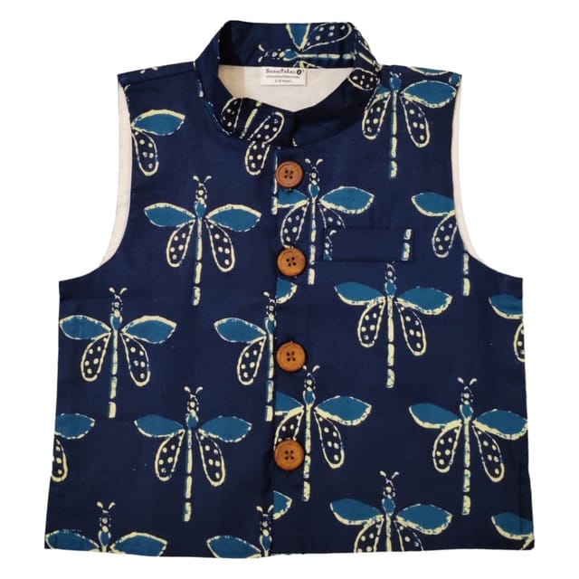 Snowflakes Boys, Cotton Waistcoat With Butterfly Prints - Indigo