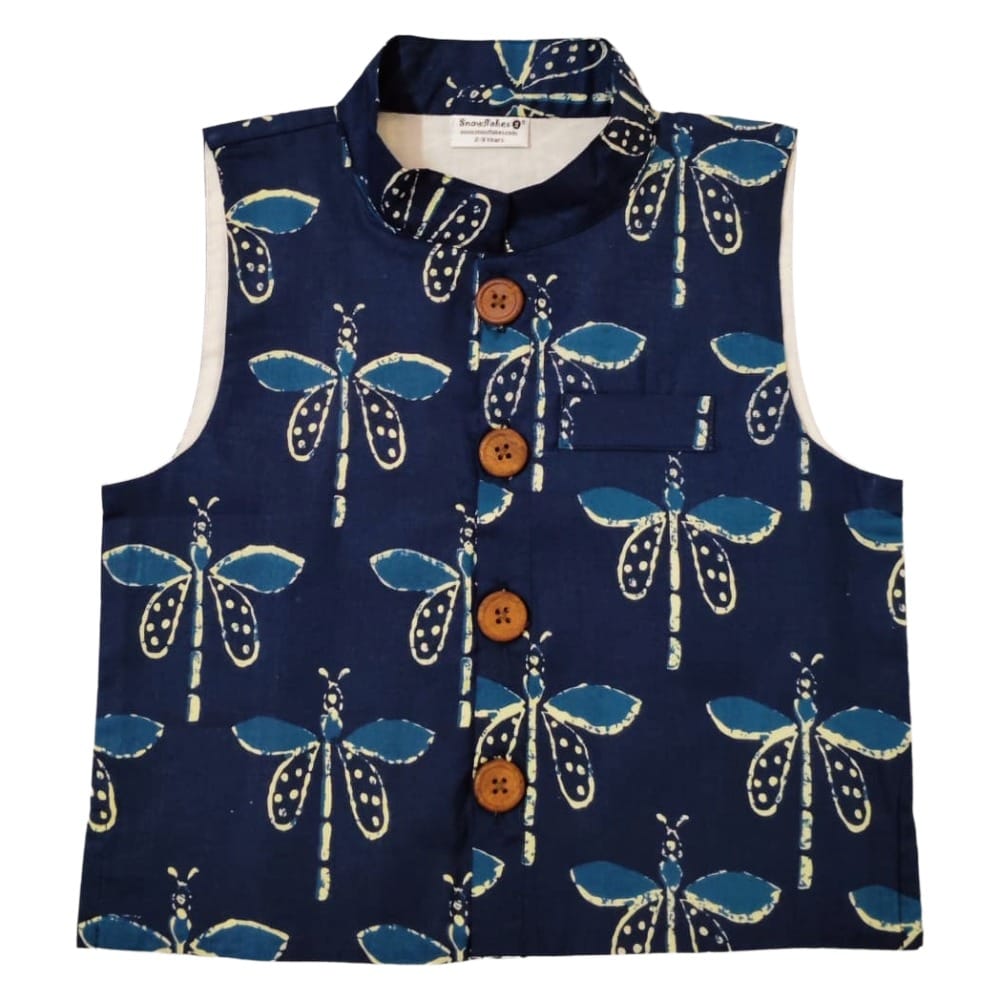 Snowflakes Boys, Cotton Waistcoat With Butterfly Prints - Indigo