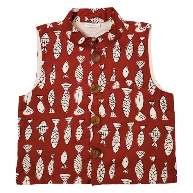 Snowflakes Boys Cotton Waistcoat With Fish Prints - Red