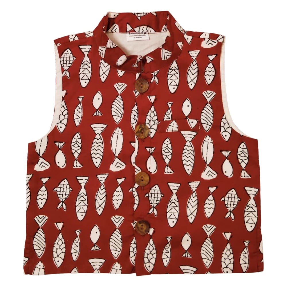 Snowflakes Boys Cotton Waistcoat With Fish Prints - Red