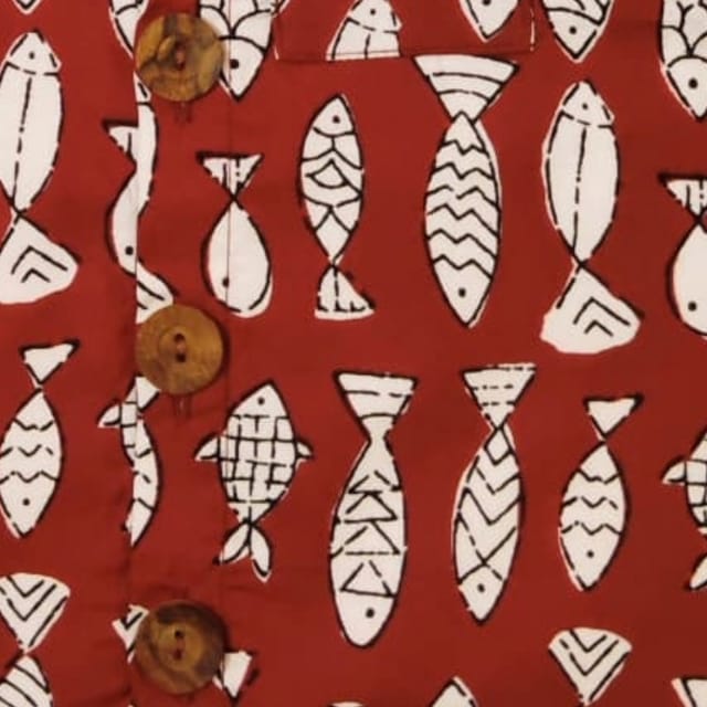 Snowflakes Boys Cotton Waistcoat With Fish Prints - Red