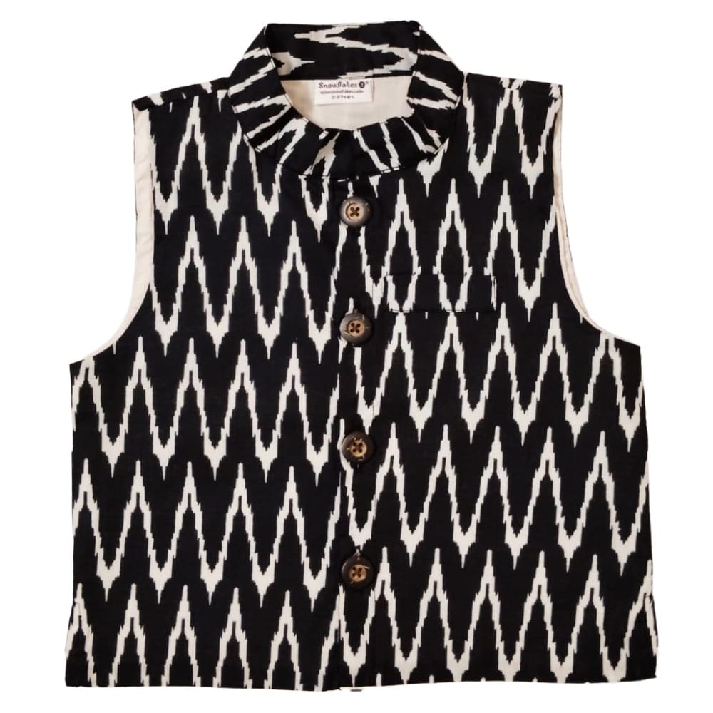 Snowflakes Boys Cotton Waistcoat With Wave Prints - Black