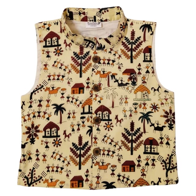 Snowflakes Boys Cotton Waistcoat With Worli Prints - Off White