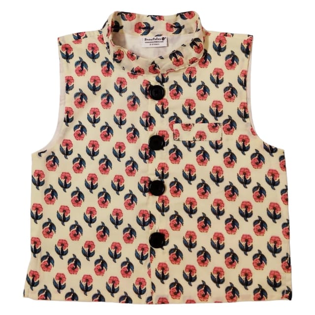 Snowflakes Boys Cotton Waistcoat With Floral Prints - Off White