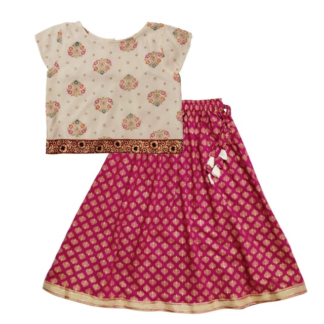 Snowflakes Girls' Lehenga Set , Foil Printed, Rayon Fabric With Leaf Prints - White & Maroon