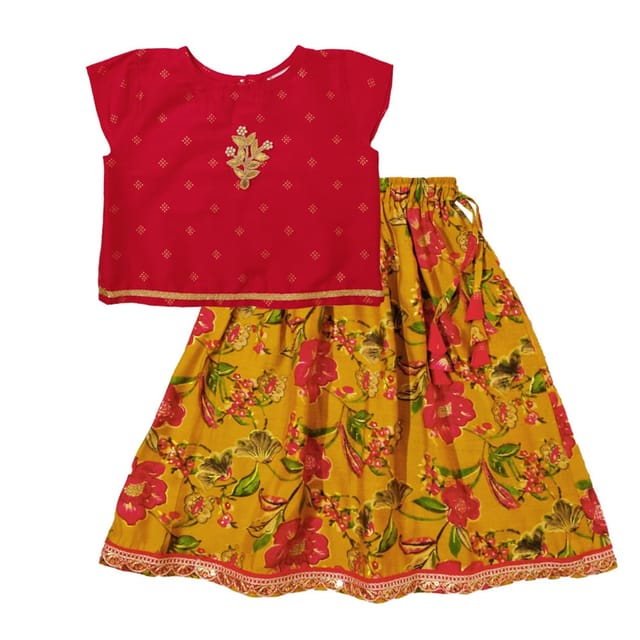 Snowflakes Girls' Lehenga Set , Rayon Fabric With Floral Prints - Orange & Mustard