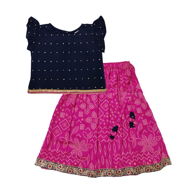 Snowflakes Girls' Lehenga Set ,Foil Printed, Rayon Fabric With Bandini Printed Bottom - Navy Blue & Pink