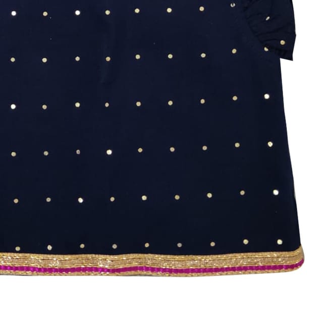 Snowflakes Girls' Lehenga Set ,Foil Printed, Rayon Fabric With Bandini Printed Bottom - Navy Blue & Pink