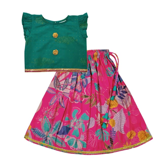 Snowflakes Girls' Lehenga Set ,Rayon Fabric With Floral Printed Bottom - Green & Pink