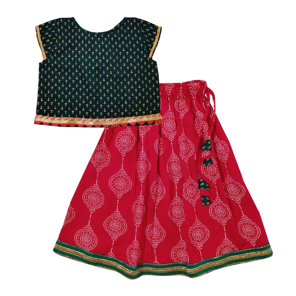 Snowflakes Girls' Lehenga Set ,Foil Printed, Rayon Fabric With Abstract Prints - Green & Red