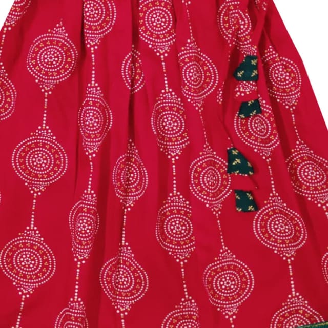 Snowflakes Girls' Lehenga Set ,Foil Printed, Rayon Fabric With Abstract Prints - Green & Red