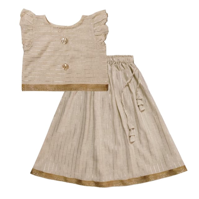Snowflakes Girls' Lehenga Set ,Foil Printed, Cotton Fabric With Stripes - White