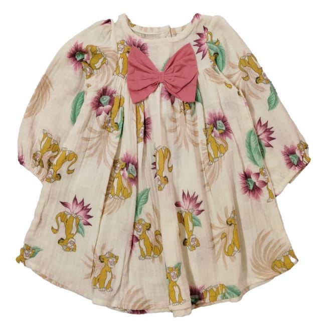 Snowflakes Girls' Full Sleeve, Double Muslin Fabric Dress With Simba Prints - Off White