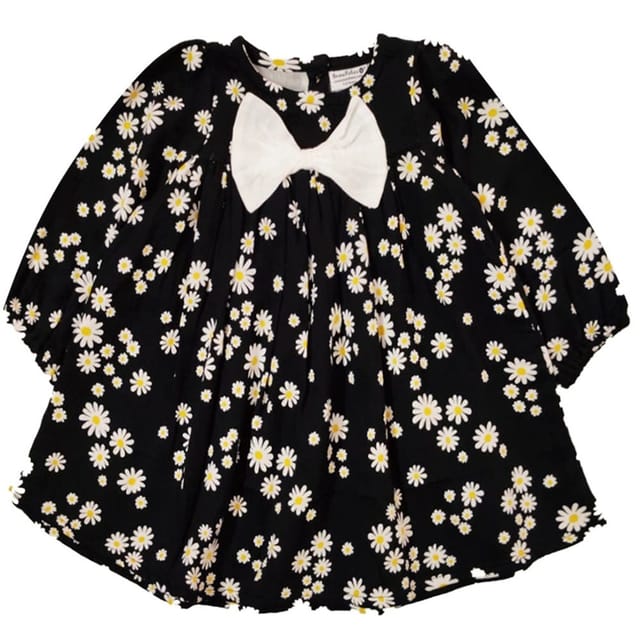 Snowflakes Girls Full Sleeve , Double Fabric Dress With Floral Prints - Black