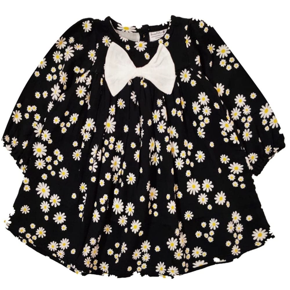 Snowflakes Girls Full Sleeve , Double Fabric Dress With Floral Prints - Black