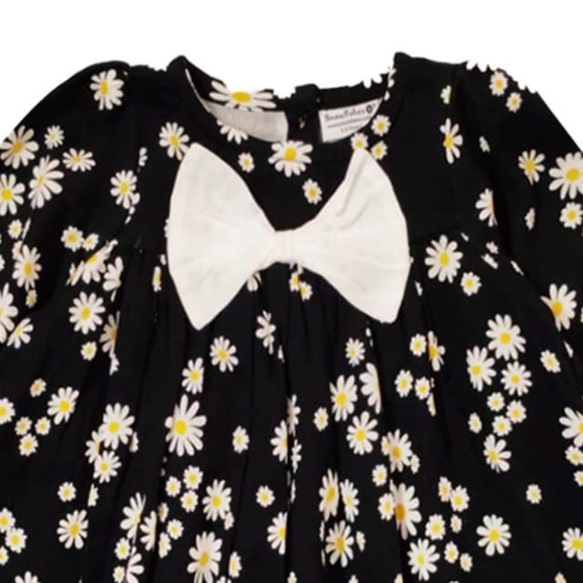 Snowflakes Girls Full Sleeve , Double Fabric Dress With Floral Prints - Black