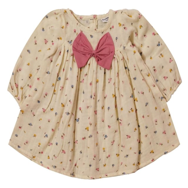 Snowflakes Girls Full Sleeve , Double Musline Fabric Dress With Floral Prints - Off White