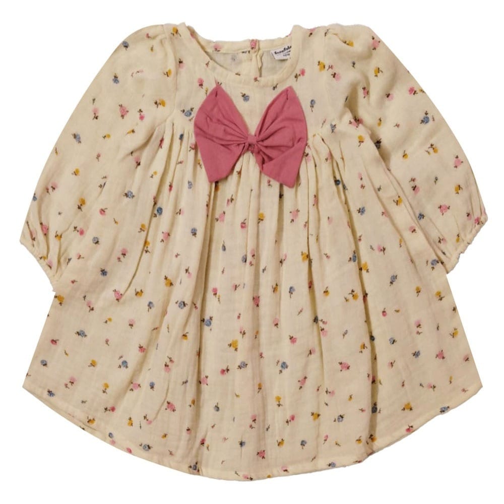 Snowflakes Girls Full Sleeve , Double Musline Fabric Dress With Floral Prints - Off White