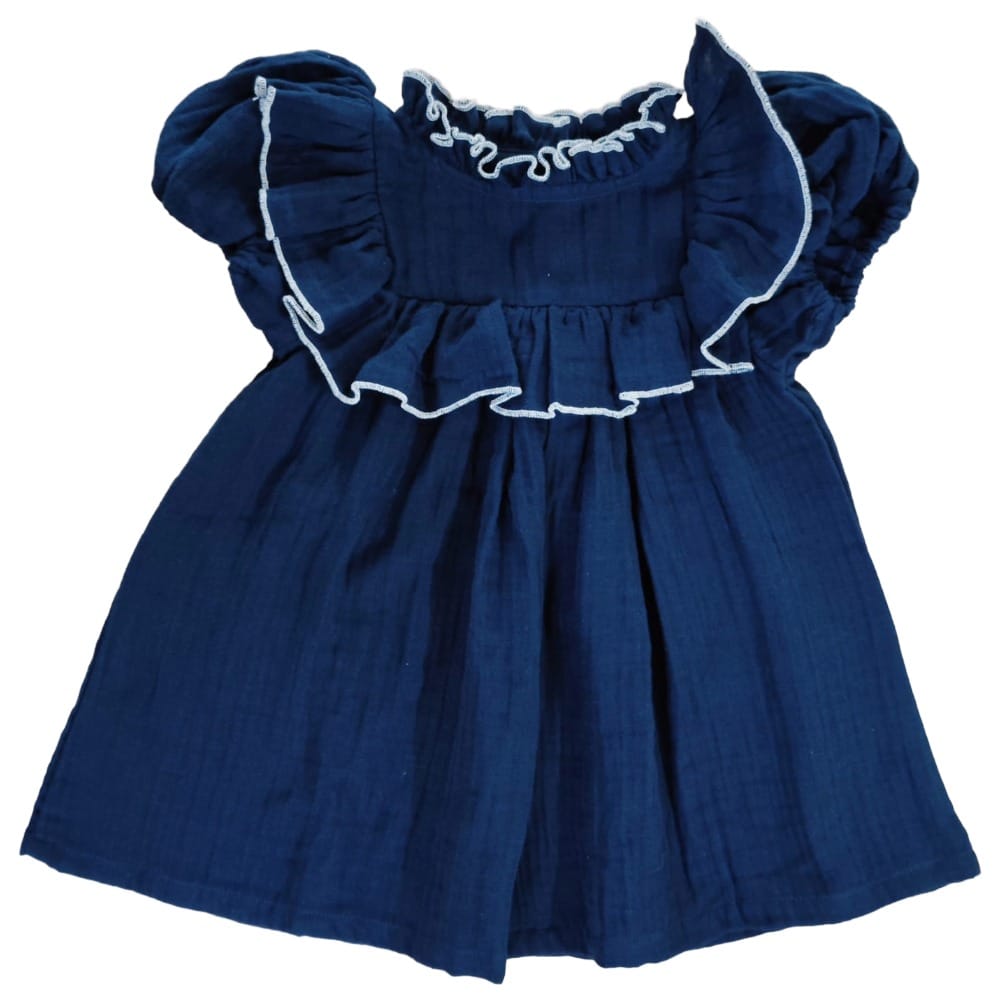 Snowflakes Double Muslin, Half Sleeve Dress With Frill At Neck And Yoke - Blue