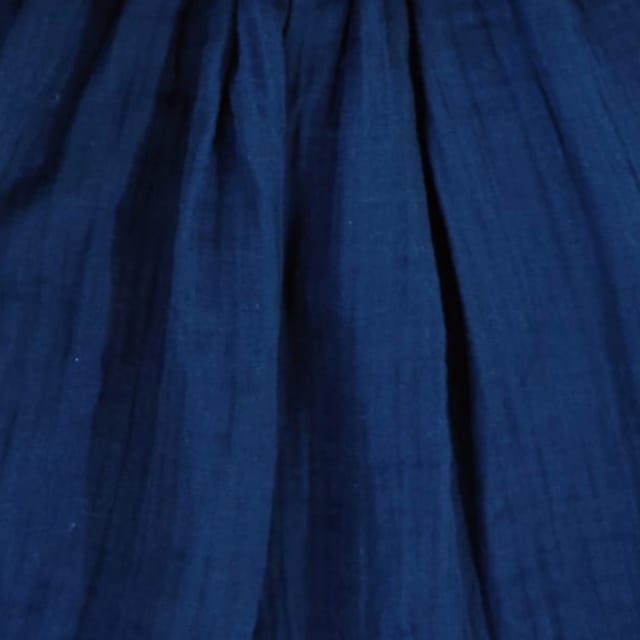 Snowflakes Double Muslin, Half Sleeve Dress With Frill At Neck And Yoke - Blue