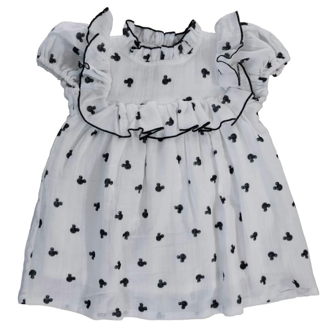 Snowflakes Double Muslin, Half Sleeve Dress With Frill At Neck And Yoke With Micky Mouse Prints - White